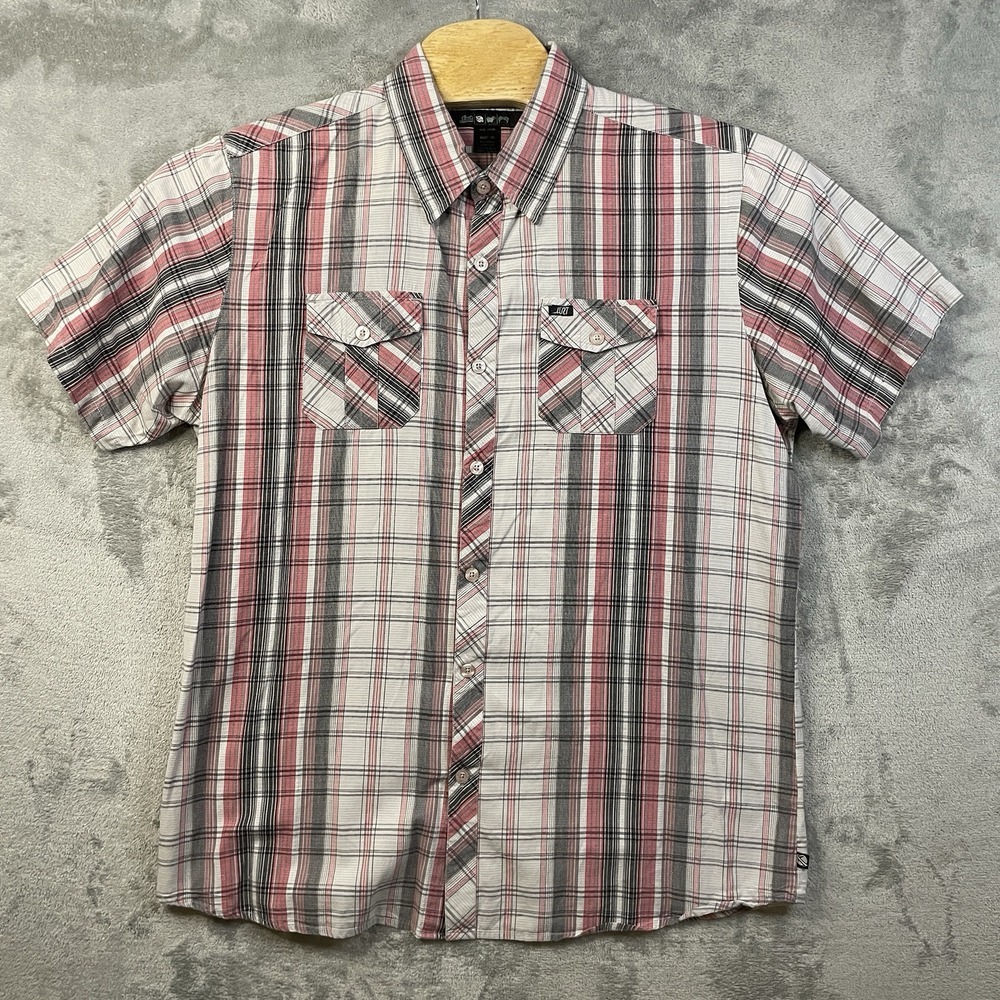 LOST Shirt Mens XL White Red Plaid Button Up Short Sleeve Cotton Casual